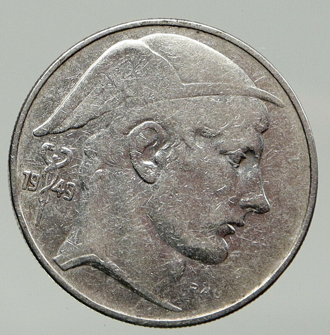 1949 BELGIUM with MERCURY Hermes VINTAGE Silver 20 Francs Belgian Coin i93126