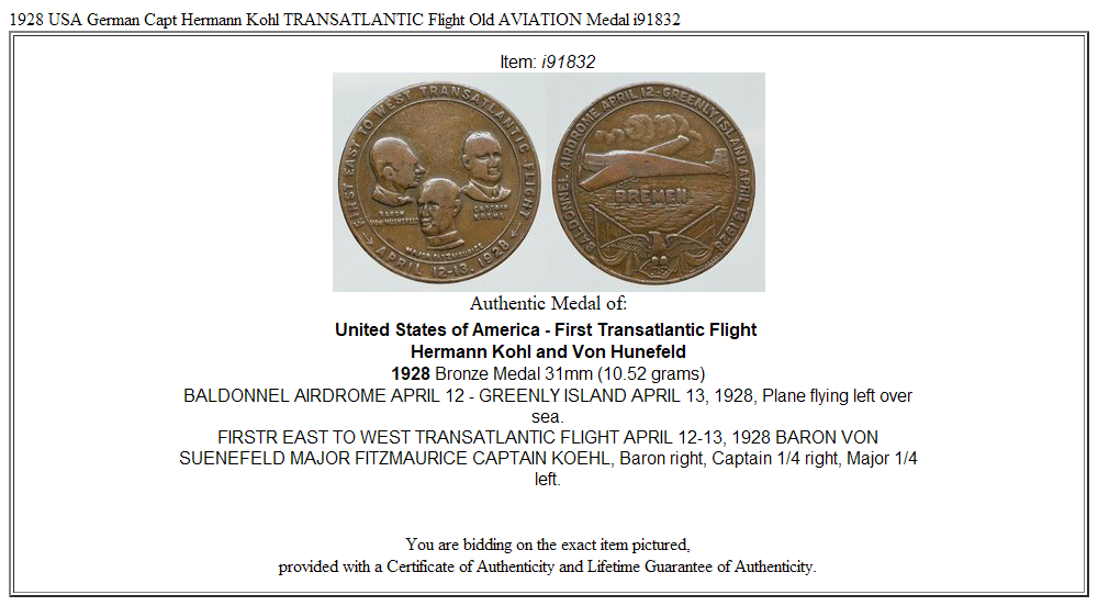 1928 USA German Capt Hermann Kohl TRANSATLANTIC Flight Old AVIATION Medal i91832