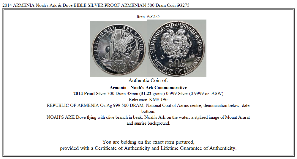 2014 ARMENIA Noah's Ark & Dove BIBLE SILVER PROOF ARMENIAN 500 Dram Coin i93275