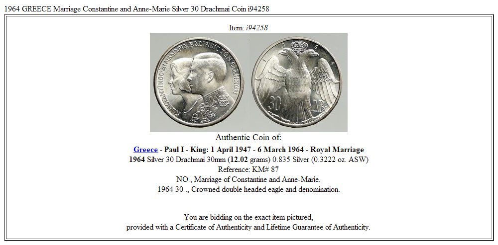 1964 GREECE Marriage Constantine and Anne-Marie Silver 30 Drachmai Coin i94258