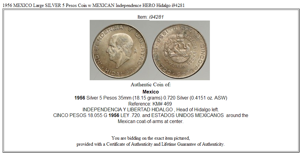 1956 MEXICO Large SILVER 5 Pesos Coin w MEXICAN Independence HERO Hidalgo i94281