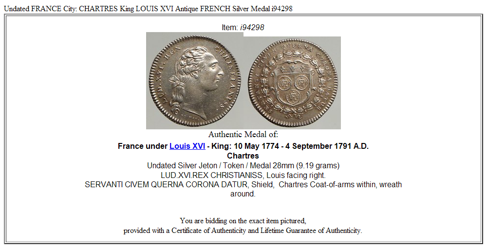 Undated FRANCE City: CHARTRES King LOUIS XVI Antique FRENCH Silver Medal i94298