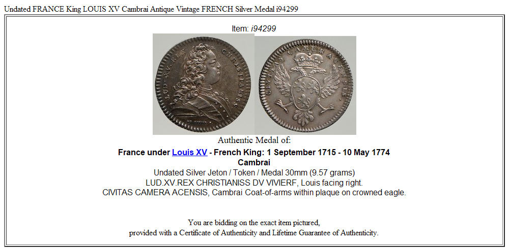 Undated FRANCE King LOUIS XV Cambrai Antique Vintage FRENCH Silver Medal i94299