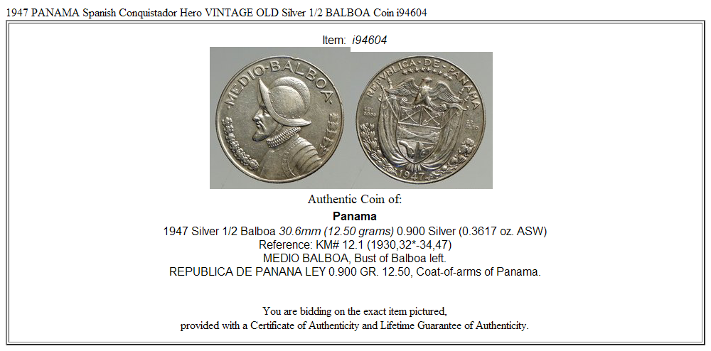 1947 PANAMA Spanish Conquistador Hero VINTAGE OLD Silver 1/2 BALBOA Coin i94604