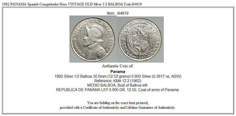 1962 PANAMA Spanish Conquistador Hero VINTAGE OLD Silver 1/2 BALBOA Coin i94619