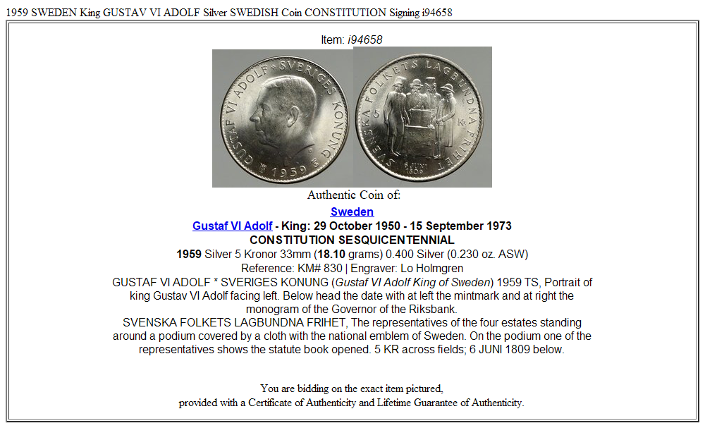 1959 SWEDEN King GUSTAV VI ADOLF Silver SWEDISH Coin CONSTITUTION Signing i94658