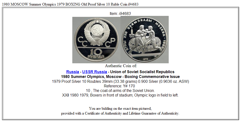 1980 MOSCOW Summer Olympics 1979 BOXING Old Proof Silver 10 Ruble Coin i94683