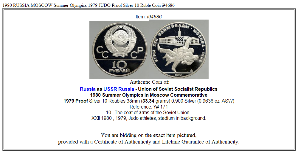 1980 RUSSIA MOSCOW Summer Olympics 1979 JUDO Proof Silver 10 Ruble Coin i94686