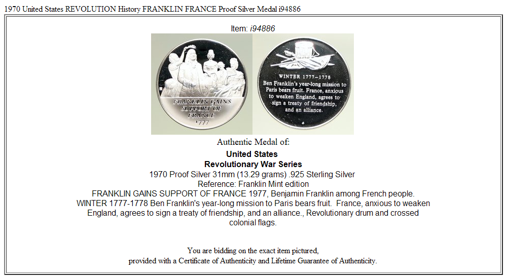 1970 United States REVOLUTION History FRANKLIN FRANCE Proof Silver Medal i94886