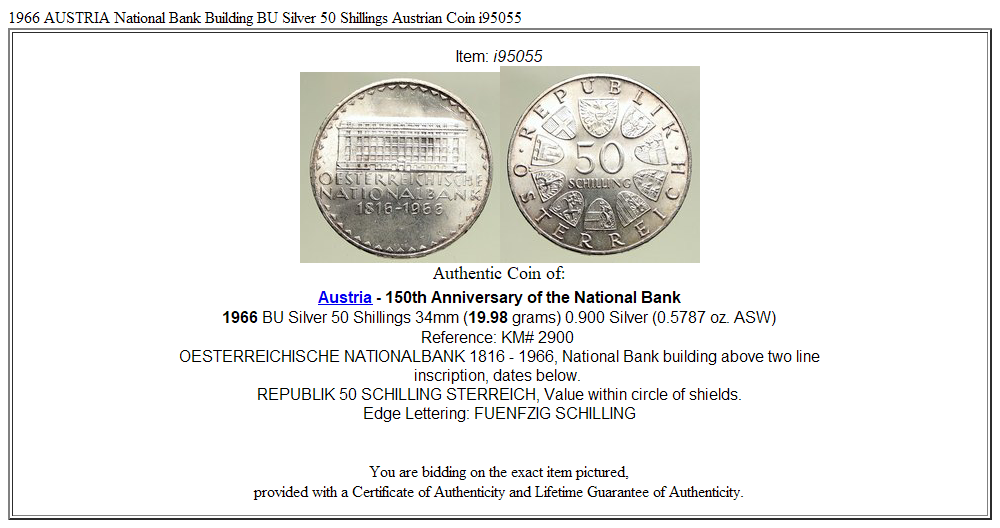 1966 AUSTRIA National Bank Building BU Silver 50 Shillings Austrian Coin i95055