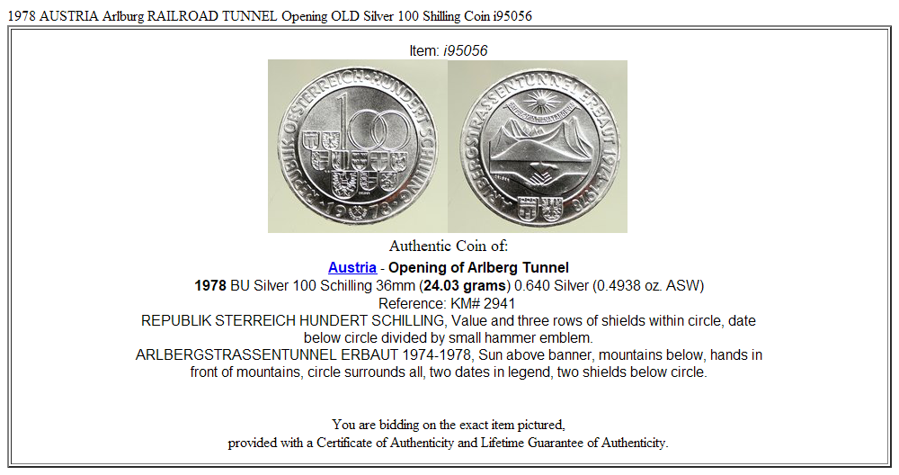 1978 AUSTRIA Arlburg RAILROAD TUNNEL Opening OLD Silver 100 Shilling Coin i95056