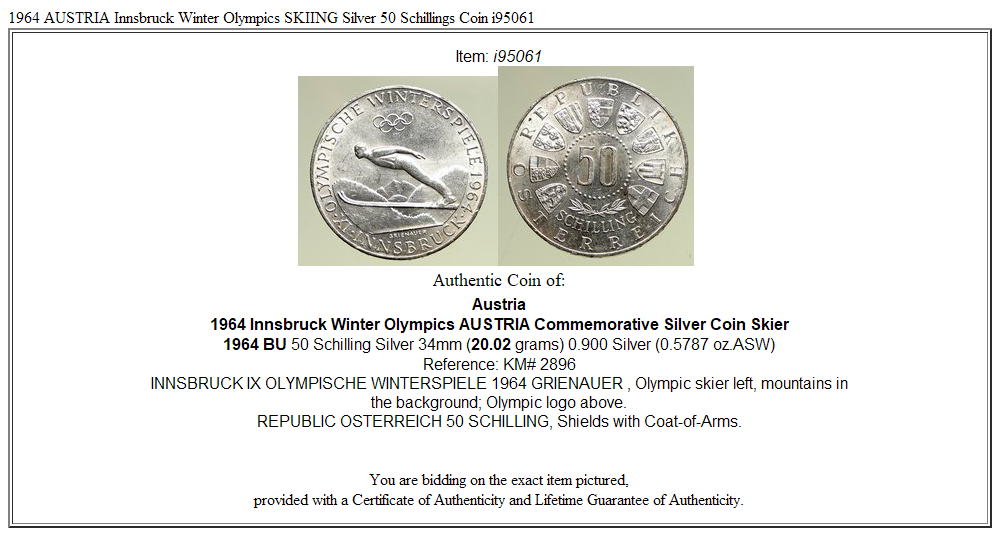 1964 AUSTRIA Innsbruck Winter Olympics SKIING Silver 50 Schillings Coin i95061