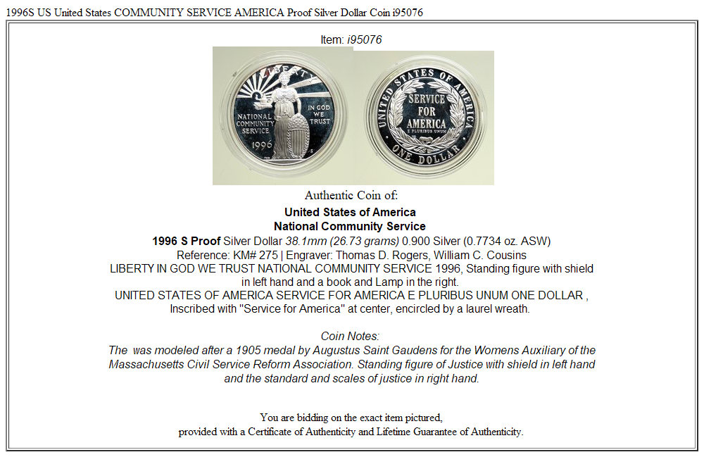 1996S US United States COMMUNITY SERVICE AMERICA Proof Silver Dollar Coin i95076