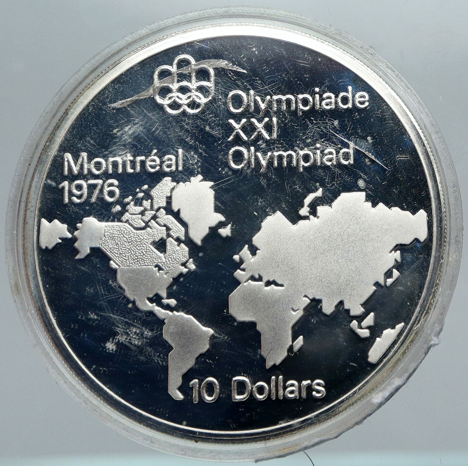 1973 CANADA Elizabeth II Olympics Montreal World Map PROOF Silver 10 Coin i88480