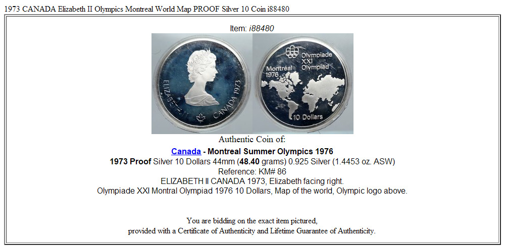 1973 CANADA Elizabeth II Olympics Montreal World Map PROOF Silver 10 Coin i88480