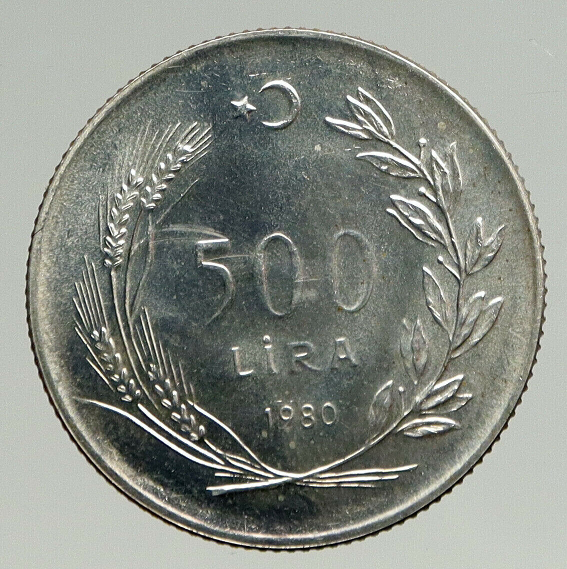 1980 TURKEY Breastfeeding Child w Crescent Antique Silver 500 Lira Coin i94265