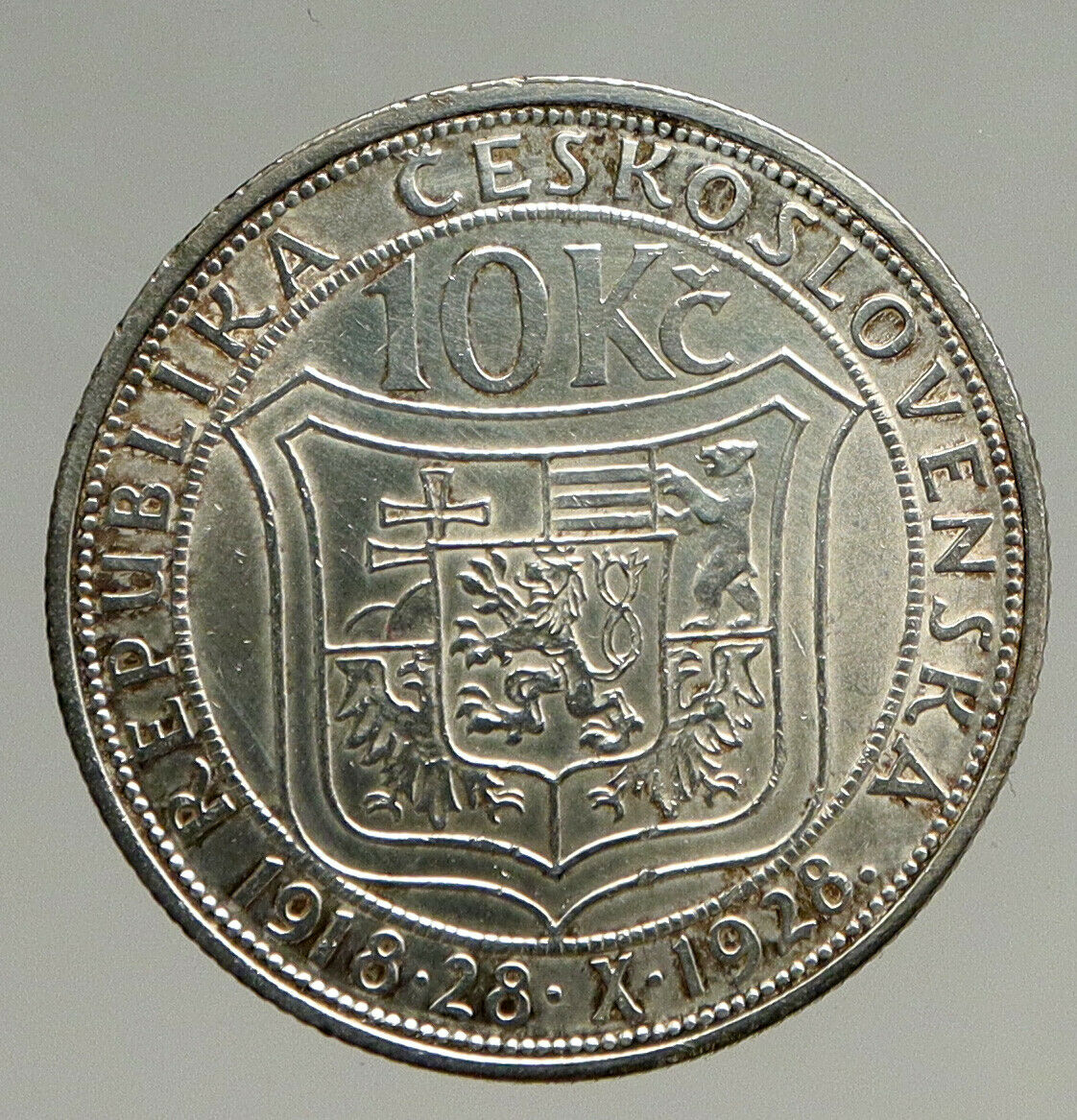 1928 CZECHOSLOVAKIA President Masaryk ANTIQUE Silver 10 Korun Coin i94126