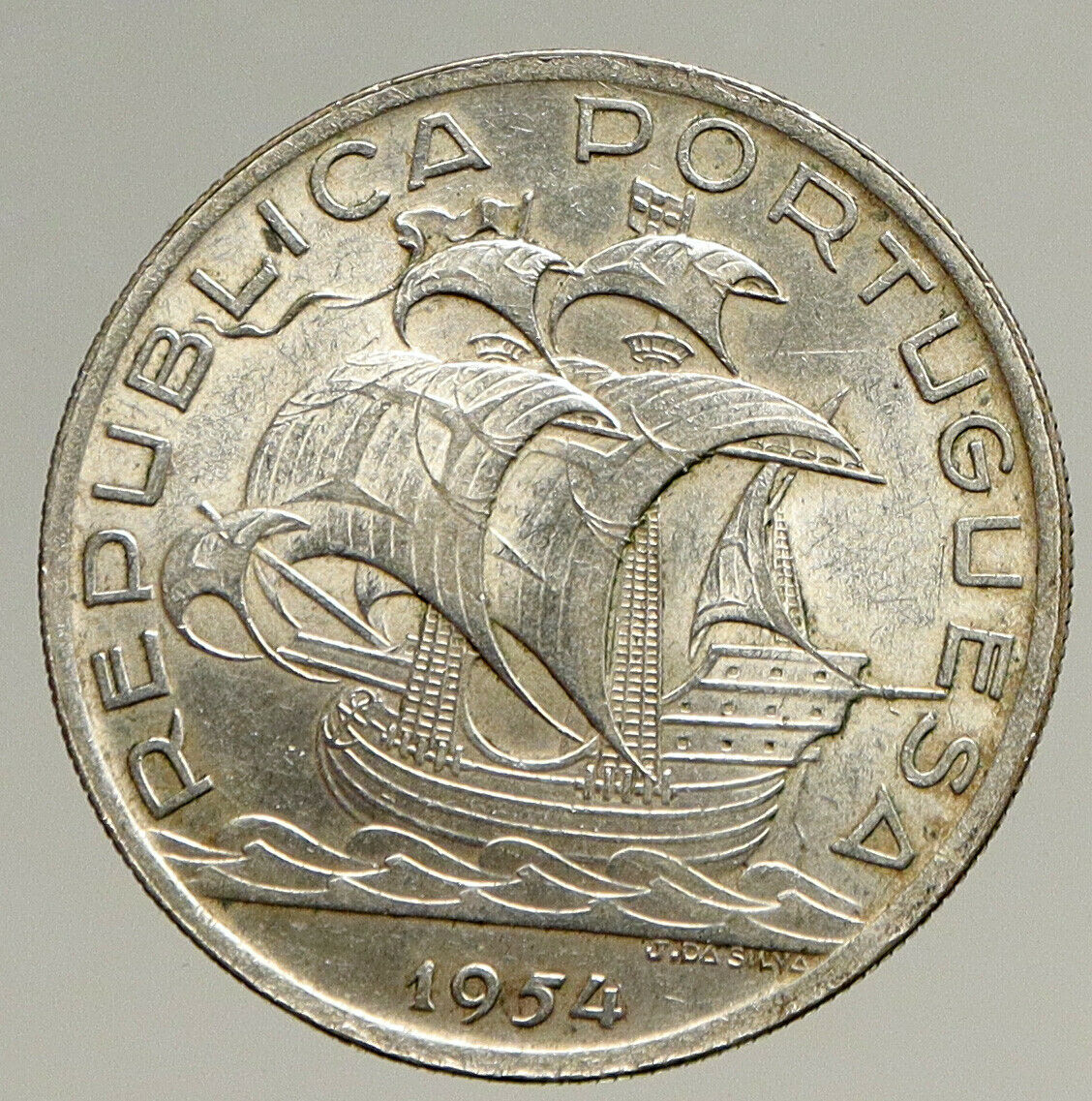 1954 PORTUGAL with PORTUGUESE SAILING SHIP Vintage Silver 10 Escudos Coin i94115