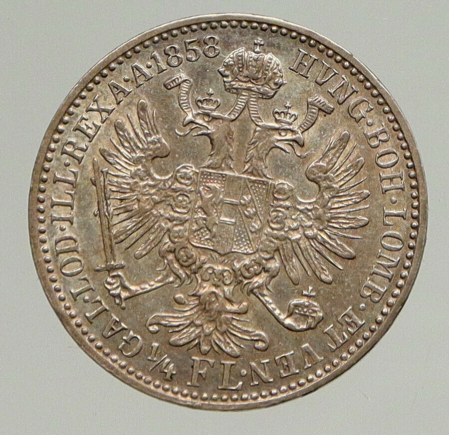 1858 A AUSTRIA KING FRANZ JOSEPH I Eagle Genuine Austrian 1/4 Florin Coin i94370