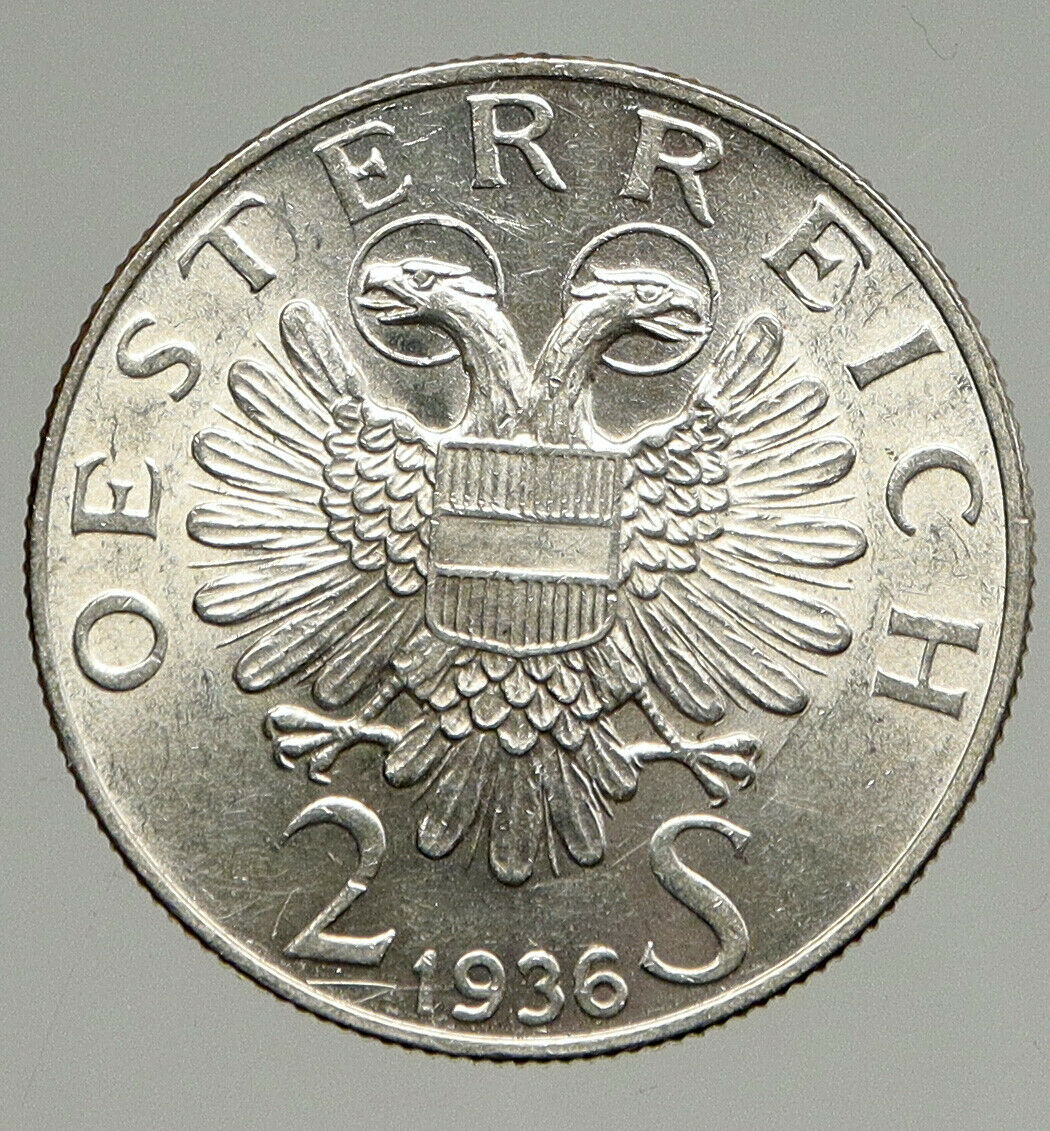 1936 AUSTRIA Silver 2 Schilling PRINCE EUGEN OF SAVOY Austrian Eagle Coin i94372