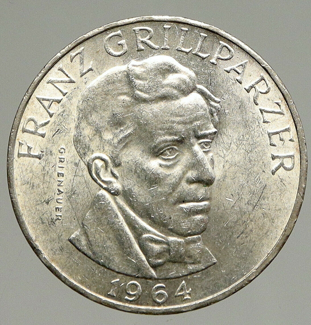 1964 AUSTRIA with Writer Franz Grillparzer OLD Silver 25 Schilling Coin i94367