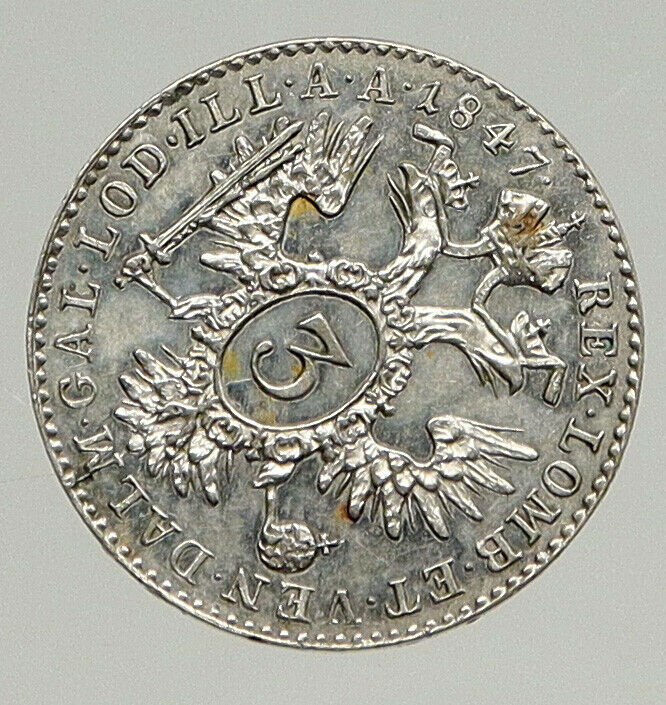 1847 G AUSTRIA Emperor FERDINAND I Antique Silver Coin 3 Kreuzer Eagle i94366