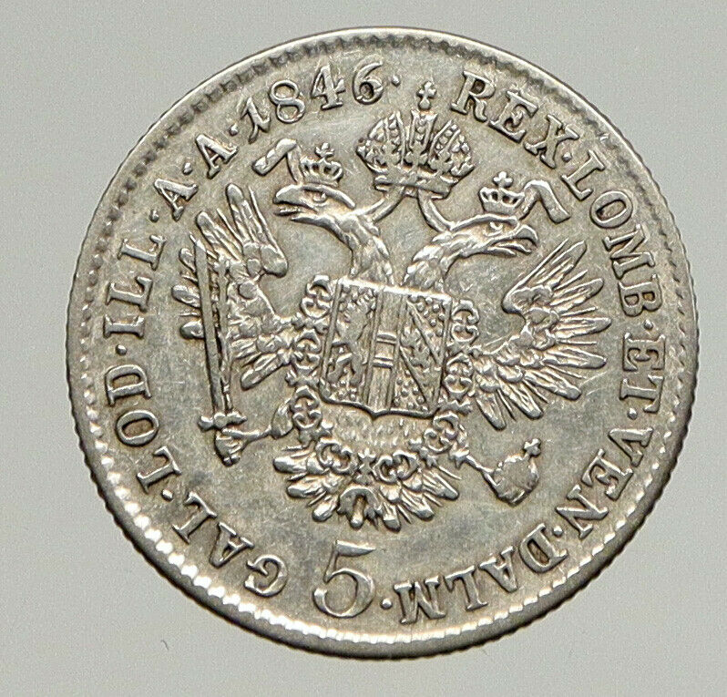 1846 A AUSTRIA Emperor FERDINAND I Antique Silver Coin 10 Kreuzer Eagle i94369