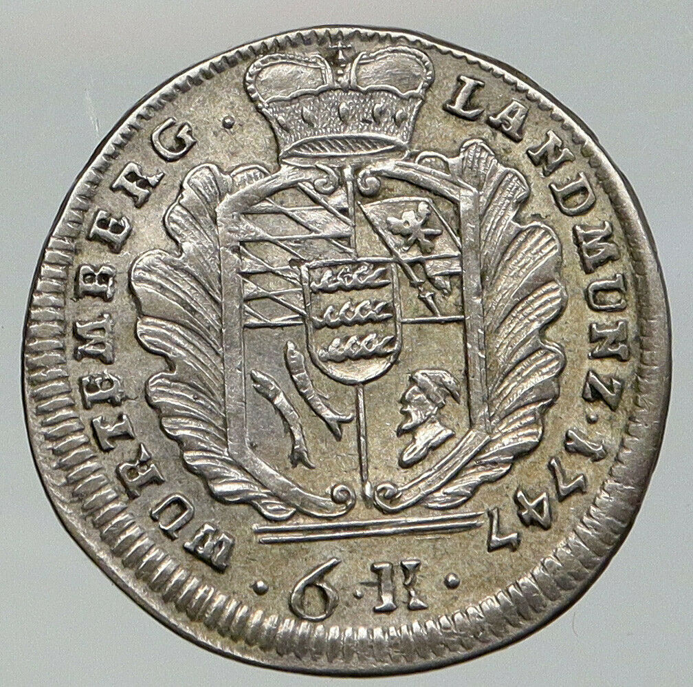 1747 WURTTEMBERG KINGDOM Germany DUKE KARL EUGEN Silver 6 Kreuzer Coin i92776