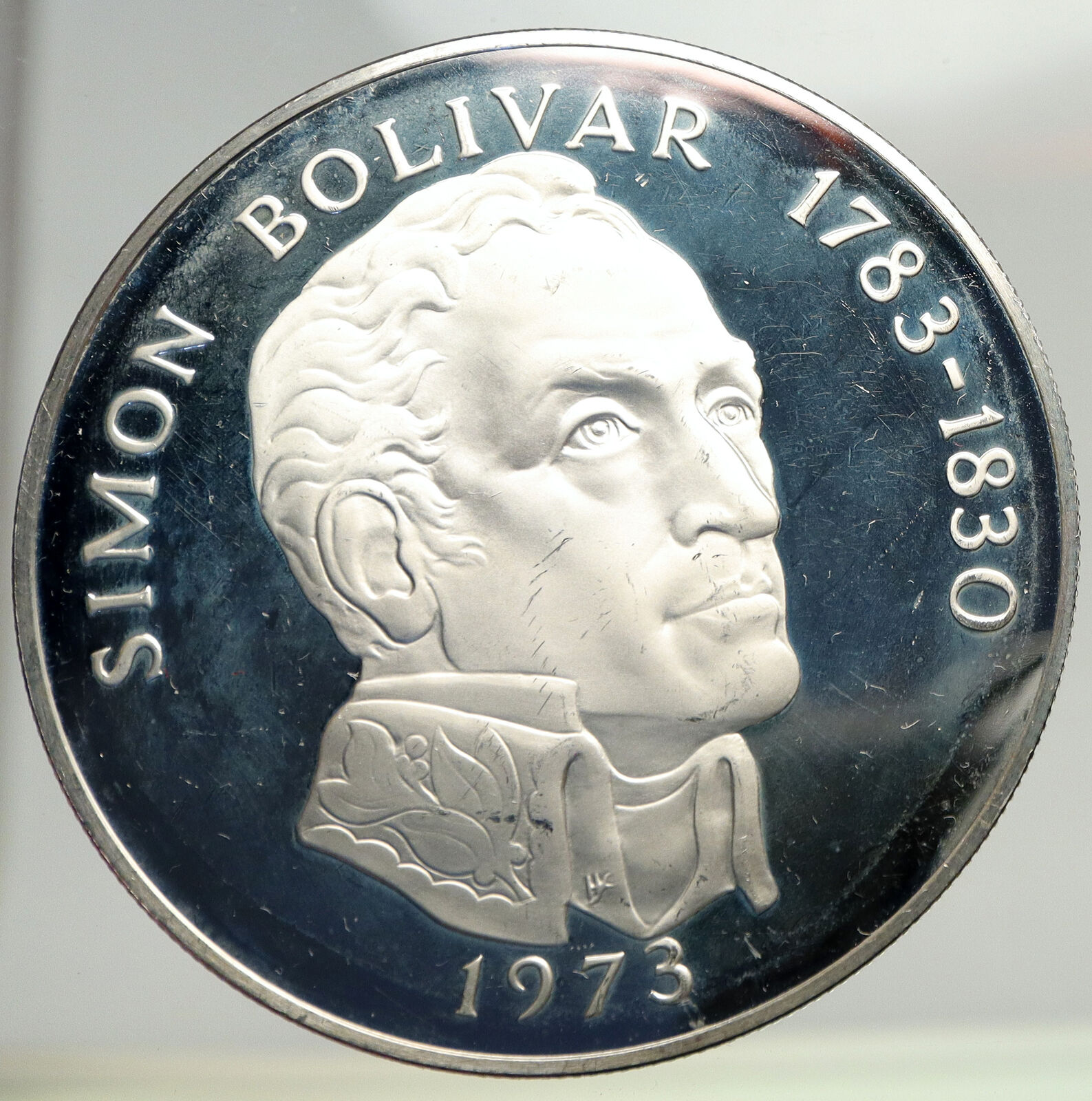 1973 PANAMA Huge 6.2cm Proof Silver 3.8oz 20 Balboas Coin w SIMON BOLIVAR i93340