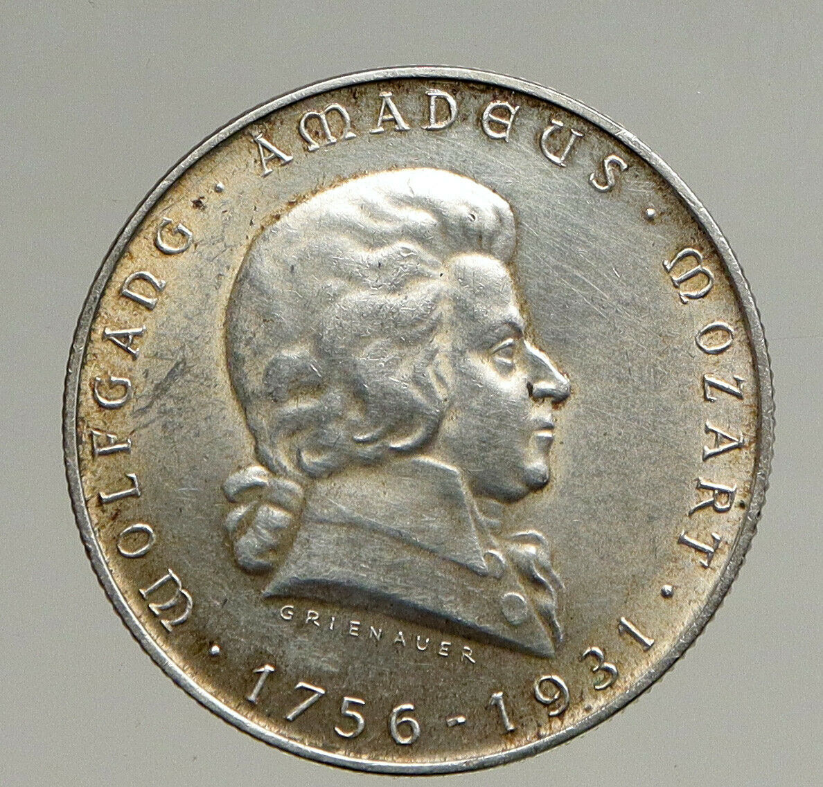 1931 AUSTRIA w Composer Musician Mozart Antique Silver 2 Schilling Coin i94127