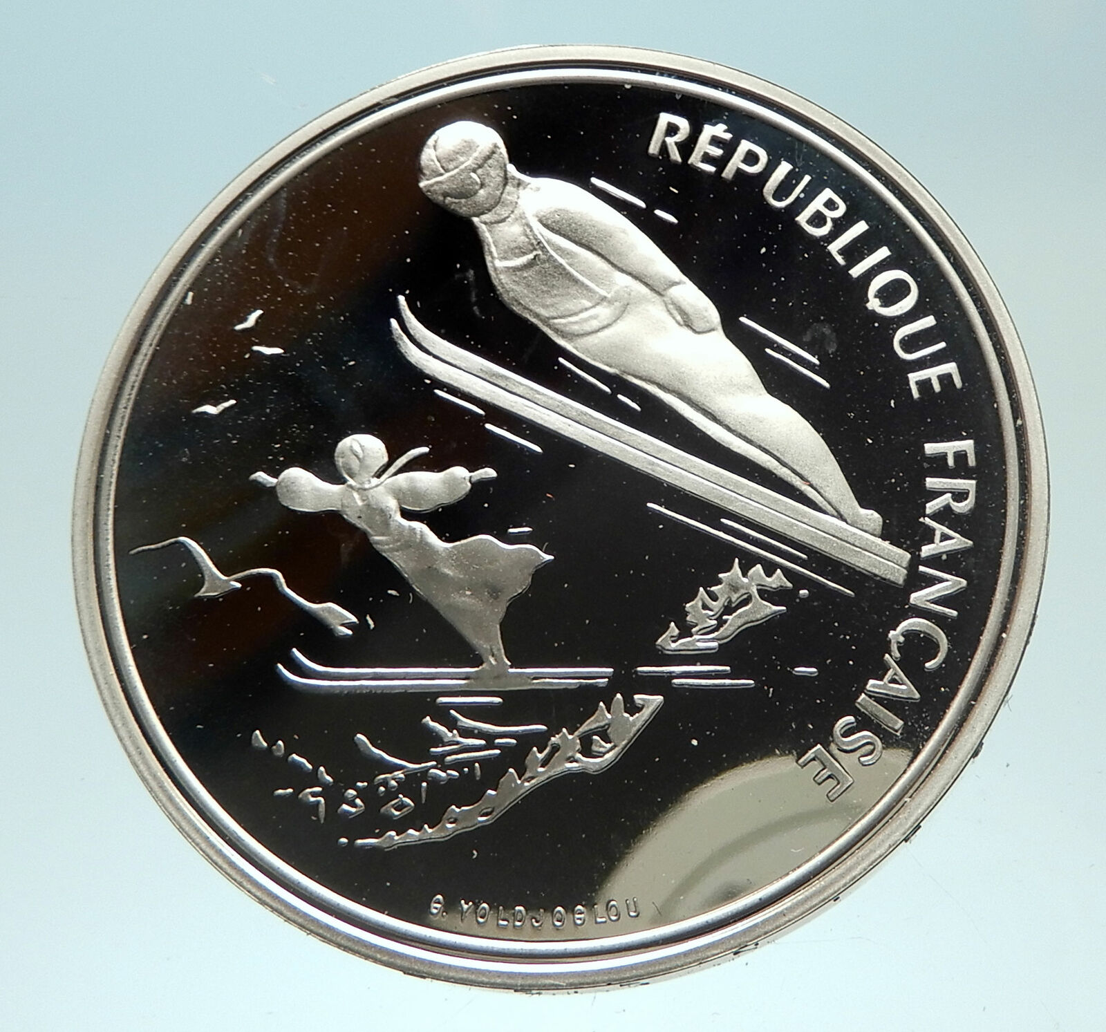 1991 FRANCE Ski Jumpers 1992 Olympics Proof Silver 100 Francs Coin i76879