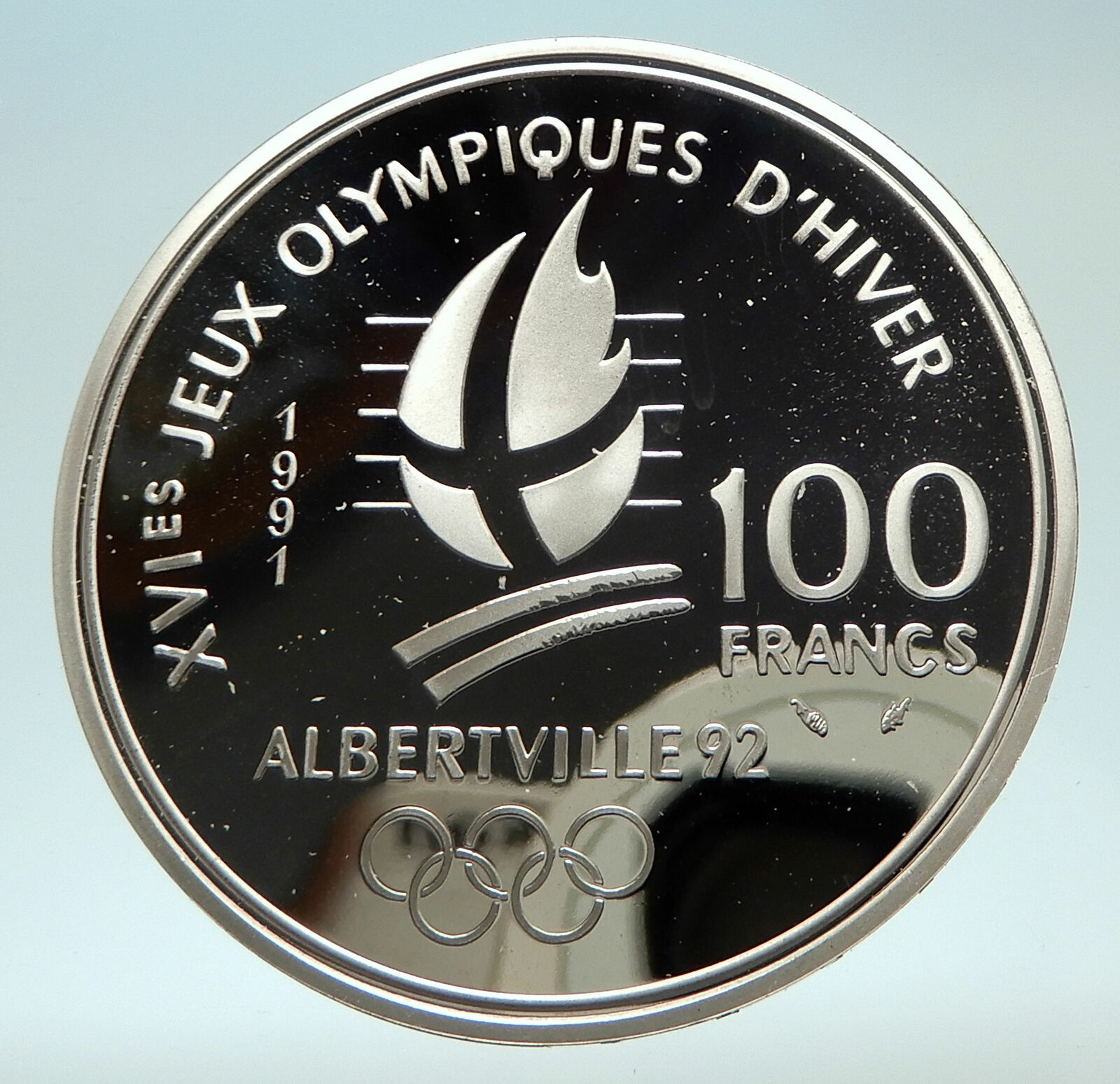 1991 FRANCE Ski Jumpers 1992 Olympics Proof Silver 100 Francs Coin i76879