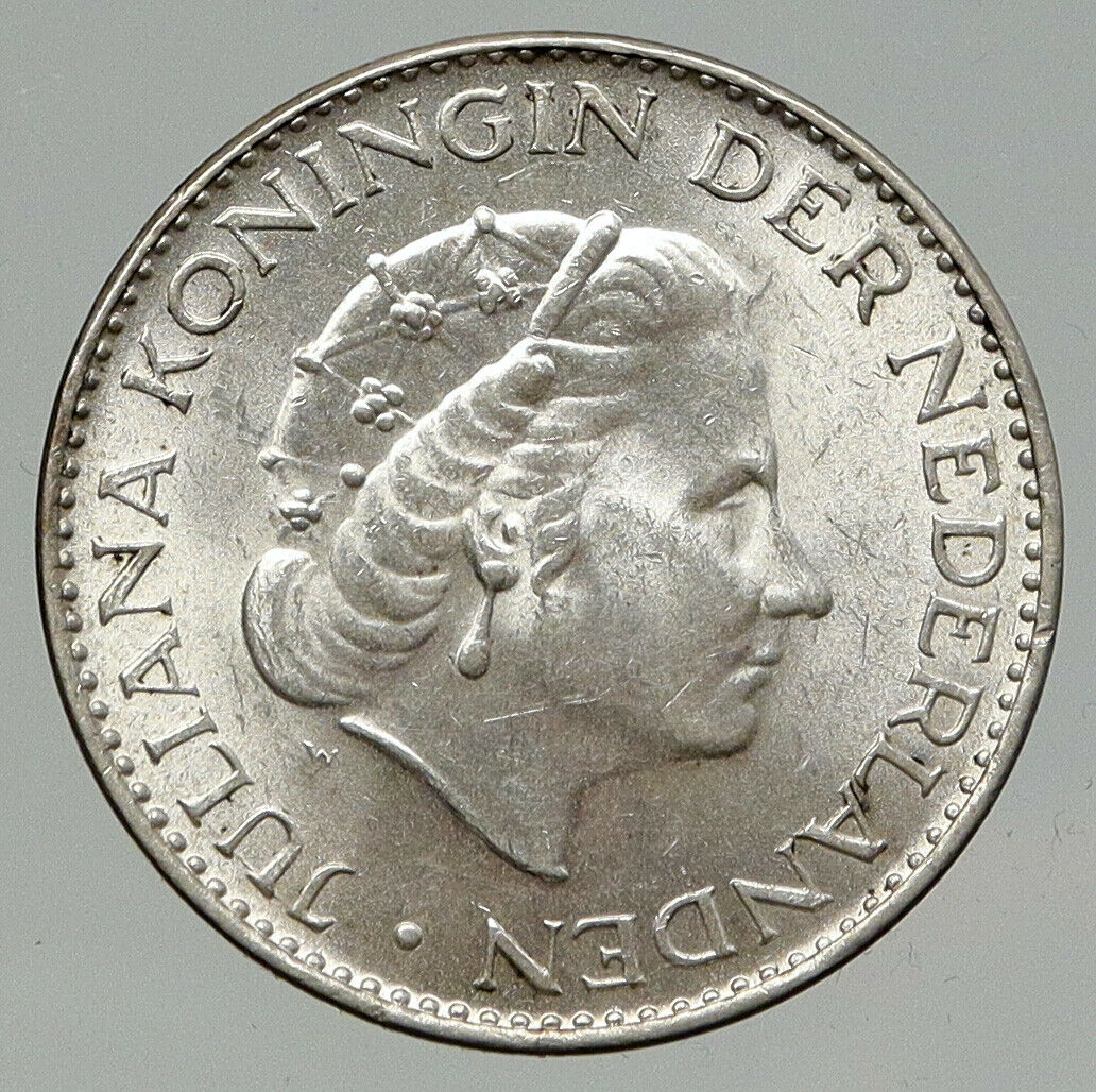 1965 NETHERLANDS Kingdom Queen JULIANA Vintage OLD Silver 1 Gulden Coin i93368