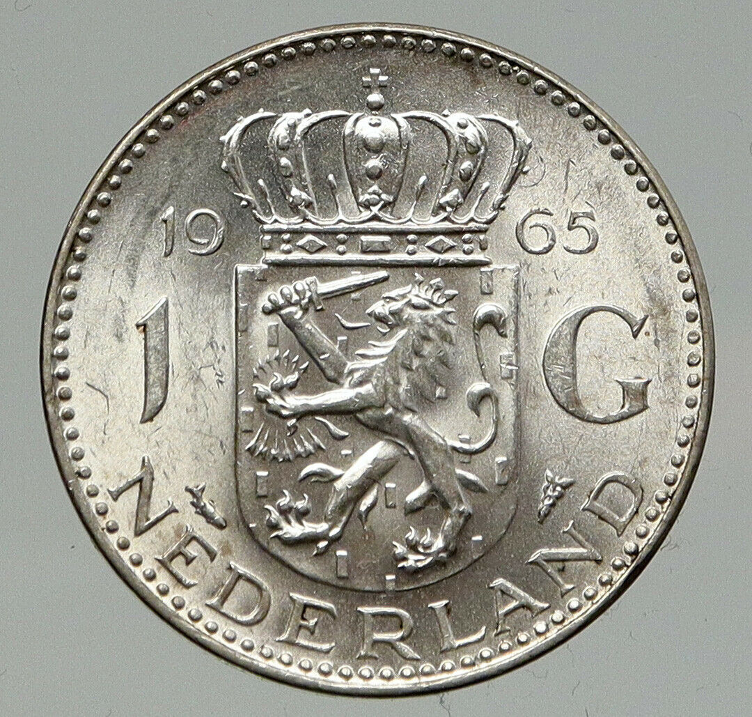 1965 NETHERLANDS Kingdom Queen JULIANA Vintage OLD Silver 1 Gulden Coin i93368