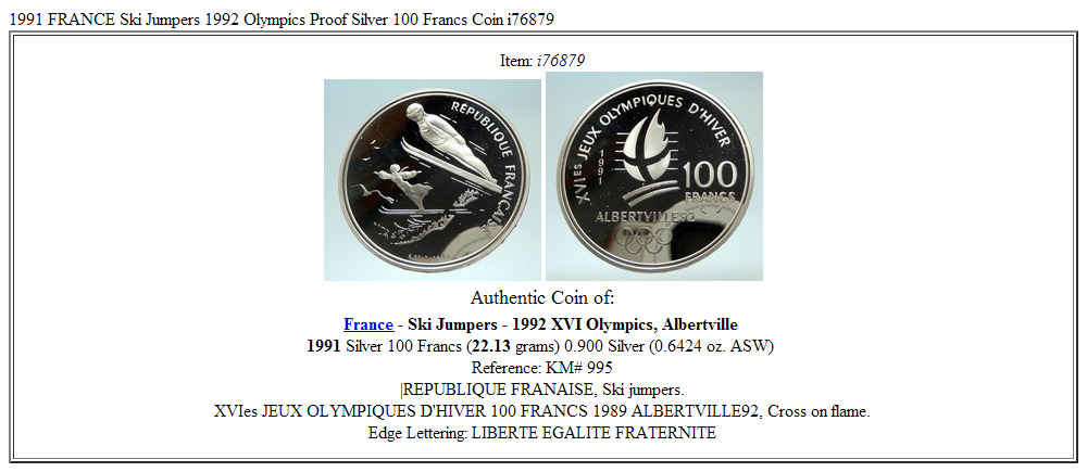 1991 FRANCE Ski Jumpers 1992 Olympics Proof Silver 100 Francs Coin i76879