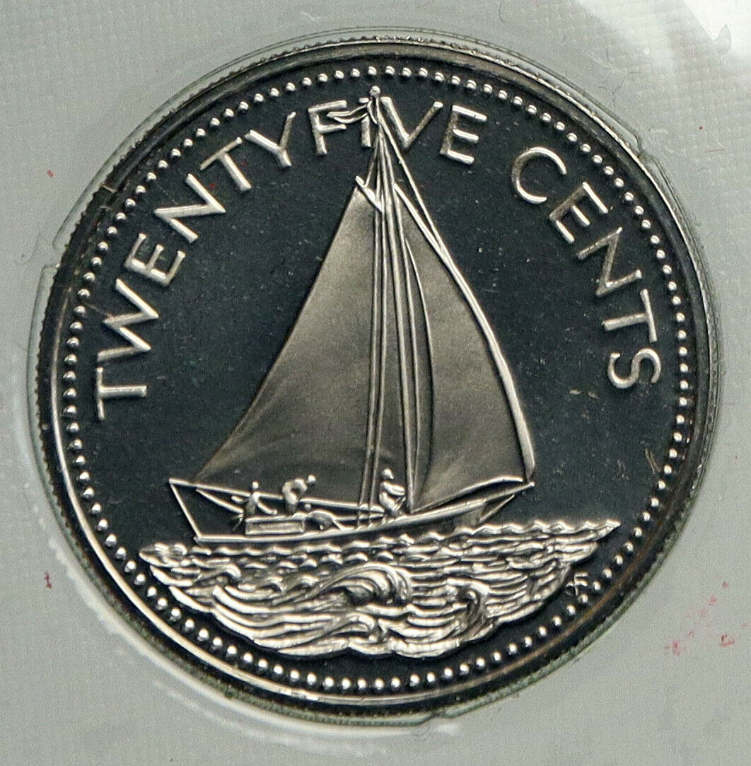 1975 BAHAMAS UK Queen Elizabeth II BOHEMIAN SAILBOAT Proof 25 Cents Coin i93983