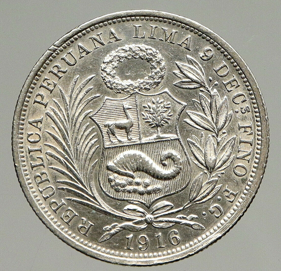 1916 PERU South America Original OLD ANTIQUE Silver Peruvian 1/2 Sol Coin i94381