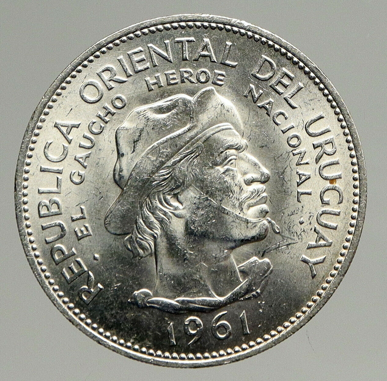 1961 URUGUAY w El Caucho Hero Against Spain ANTIQUE Silver 10 Pesos Coin i94390