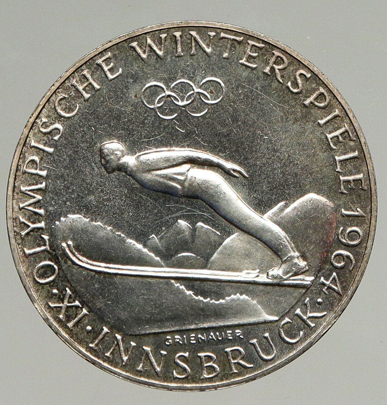 1964 AUSTRIA Innsbruck Winter Olympics SKIING Silver 50 Schillings Coin i94382