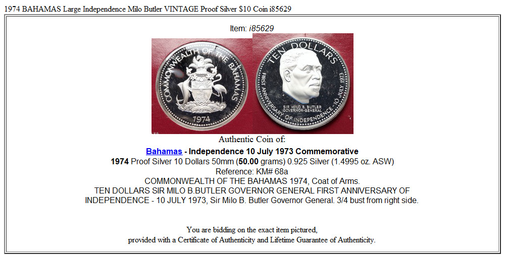 1974 BAHAMAS Large Independence Milo Butler VINTAGE Proof Silver $10 Coin i85629