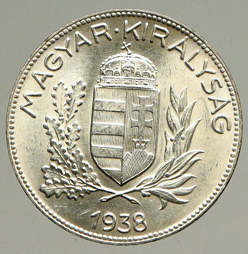 1938 HUNGARY Antique OLD Coat of Arms Crown Hungarian Silver Pengo Coin i94360