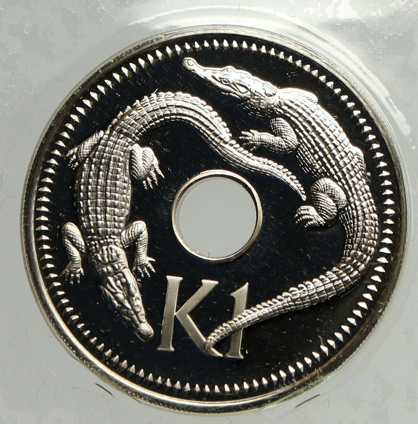 1975 PAPUA NEW GUINEA w CROCODILES around HOLE Old Bank Proof Kina Coin i93959