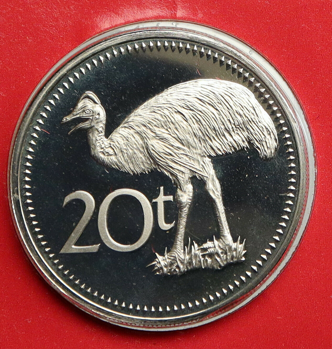 1977 PAPUA NEW GUINEA Bennetts Cassowary BIRD Old Bank Proof 20 Toea Coin i93958