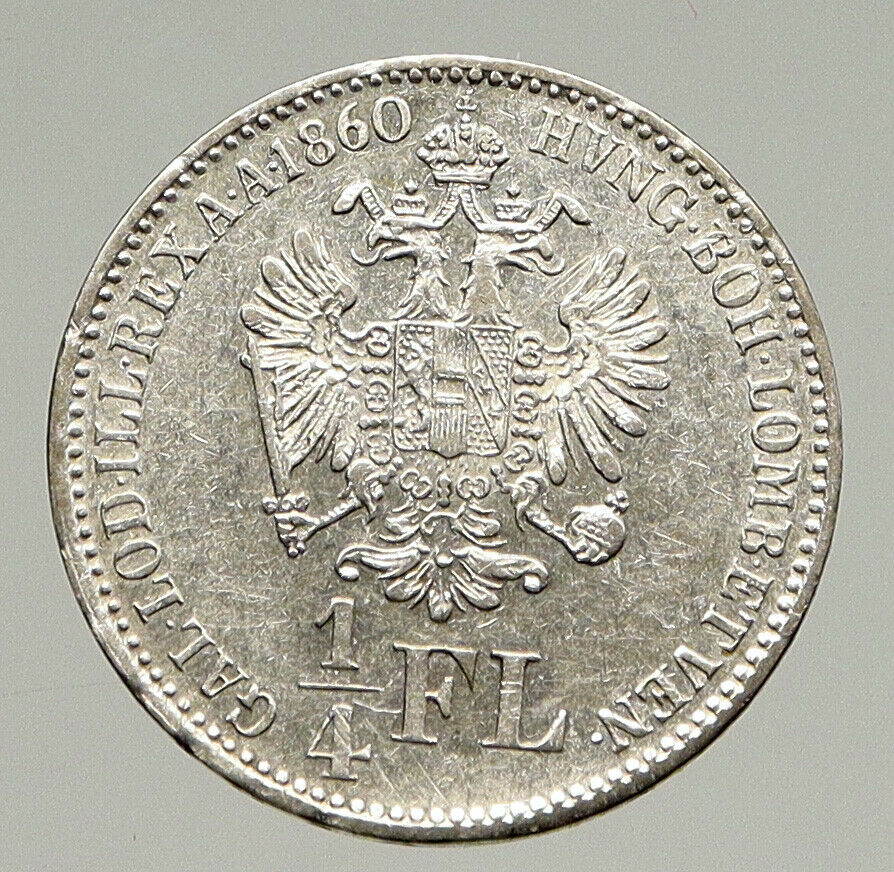 1860 B AUSTRIA w KING FRANZ JOSEPH I Eagle OLD Austrian 1/4 Florin Coin i94356