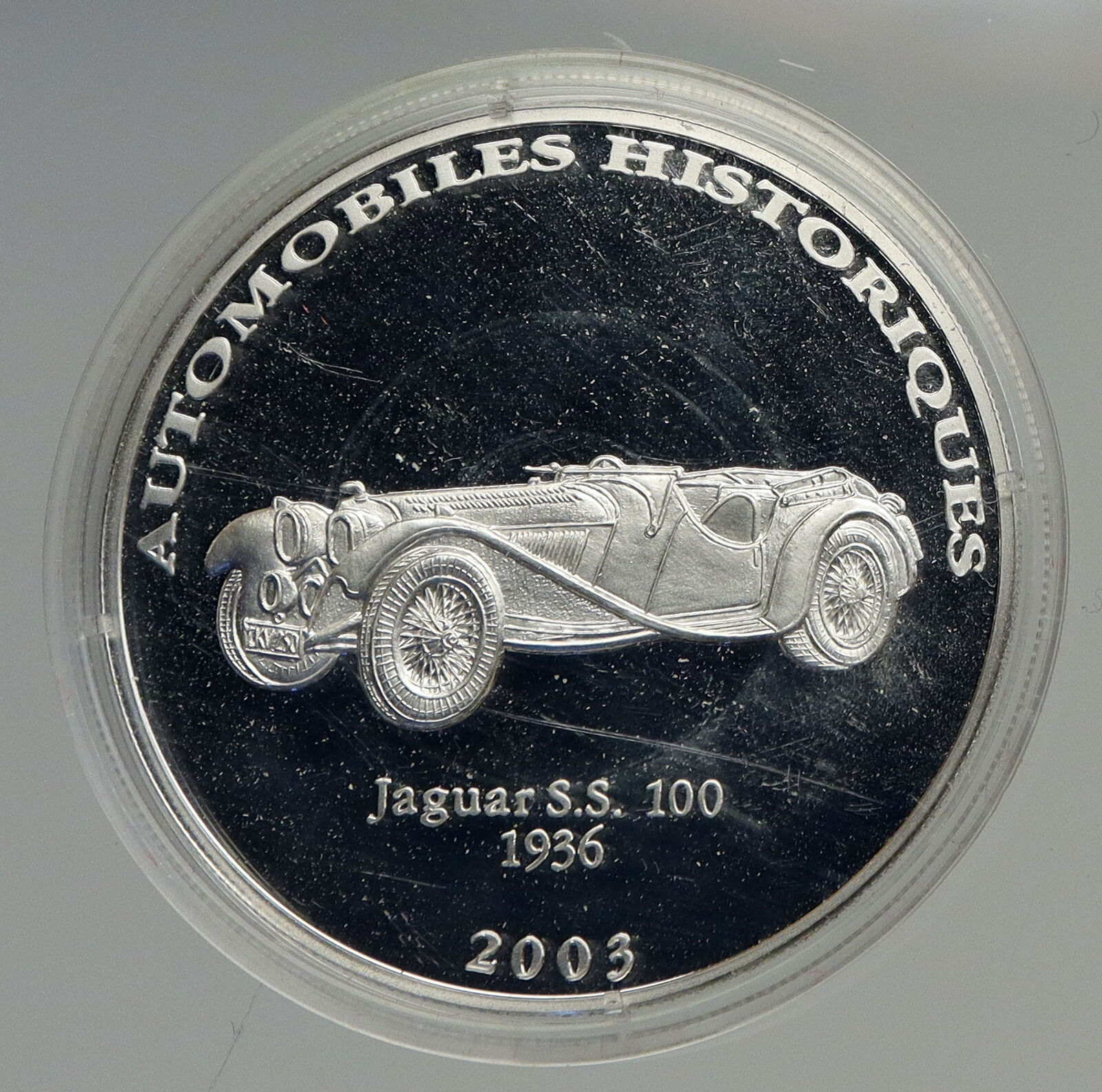 2003 CONGO Jaguar SS100 1936 AUTOMOBILE Old Proof Silver 10 Francs Coin i94563