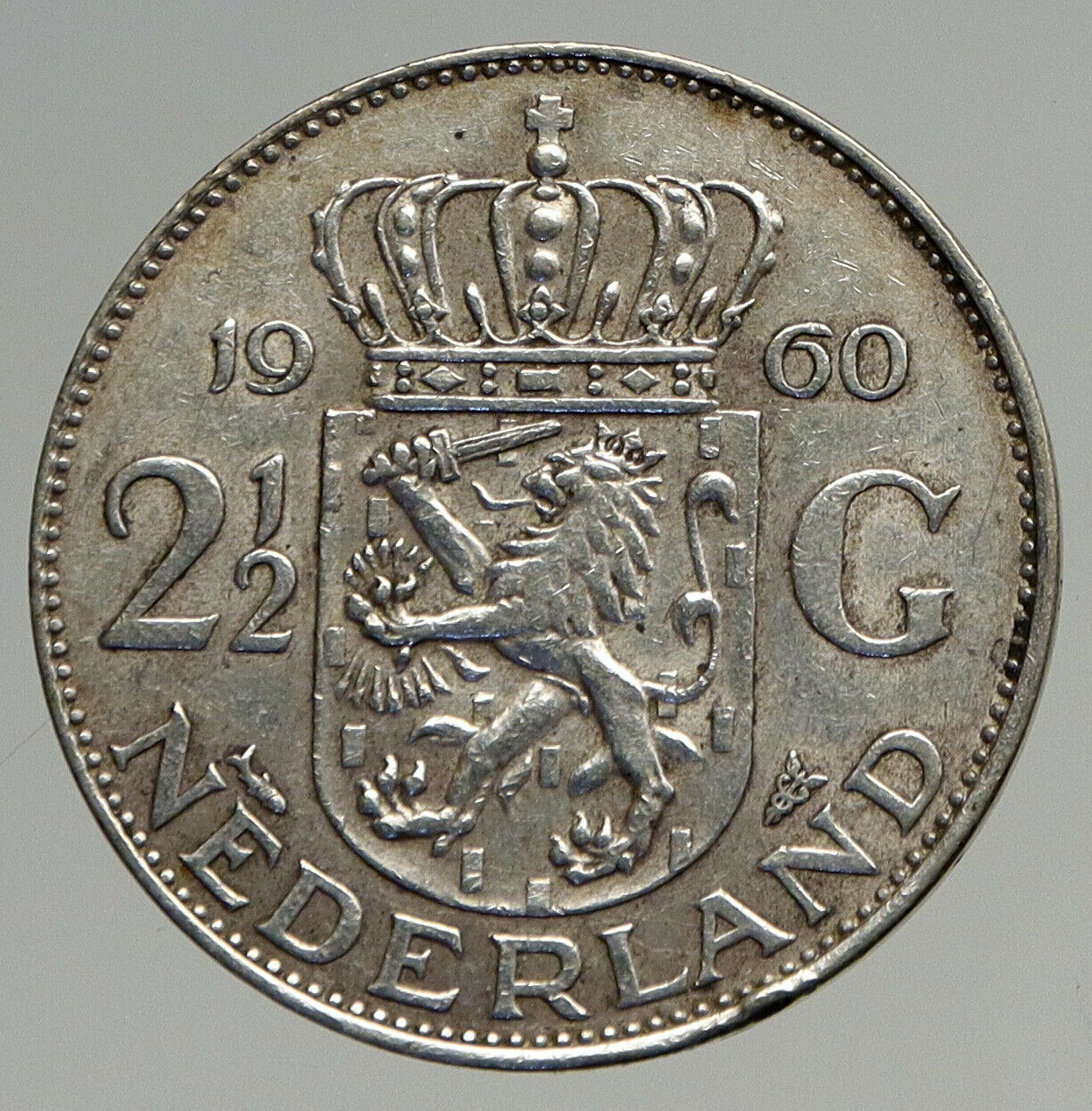 1960 Netherlands Kingdom Queen JULIANA Authentic Silver 2 1/2 Gulden Coin i94576