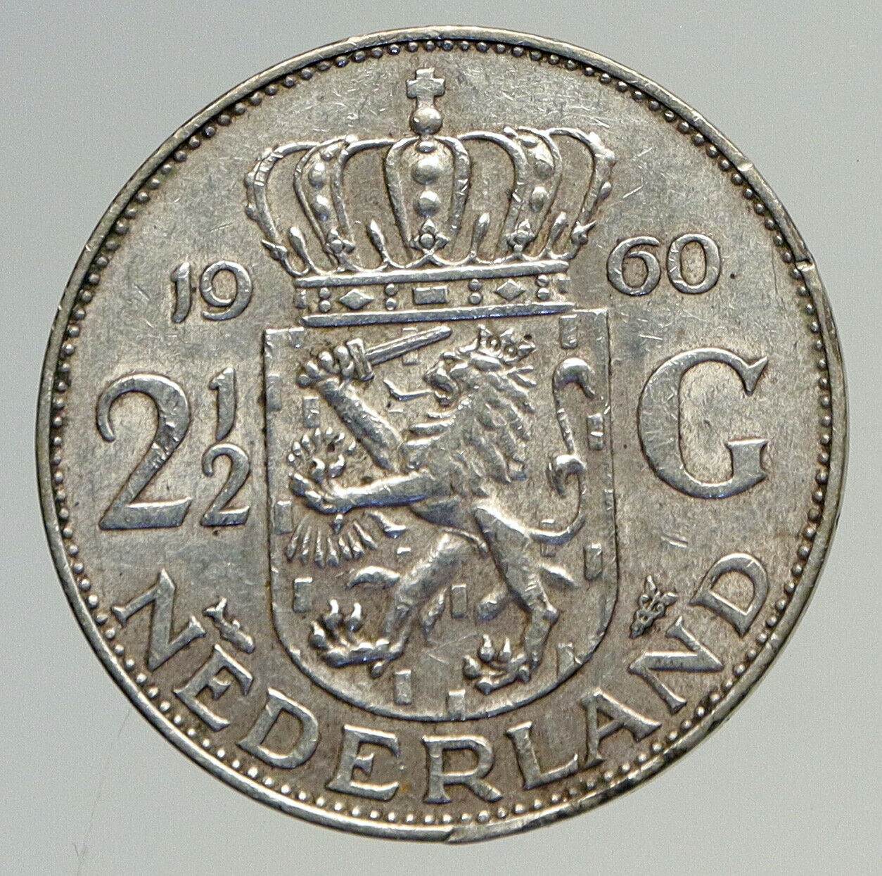 1960 Netherlands Kingdom Queen JULIANA Authentic Silver 2 1/2 Gulden Coin i94588