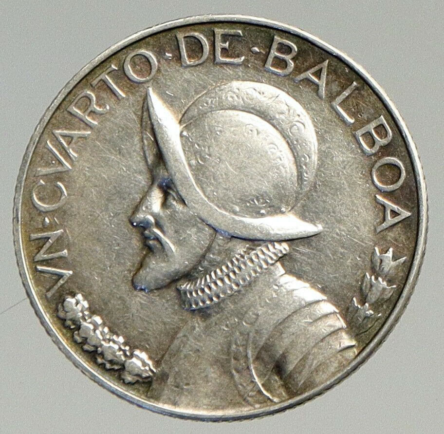 1933 PANAMA Antique VINTAGE Spanish CONQUISTADOR Silver 1/4 Balboa Coin i94591