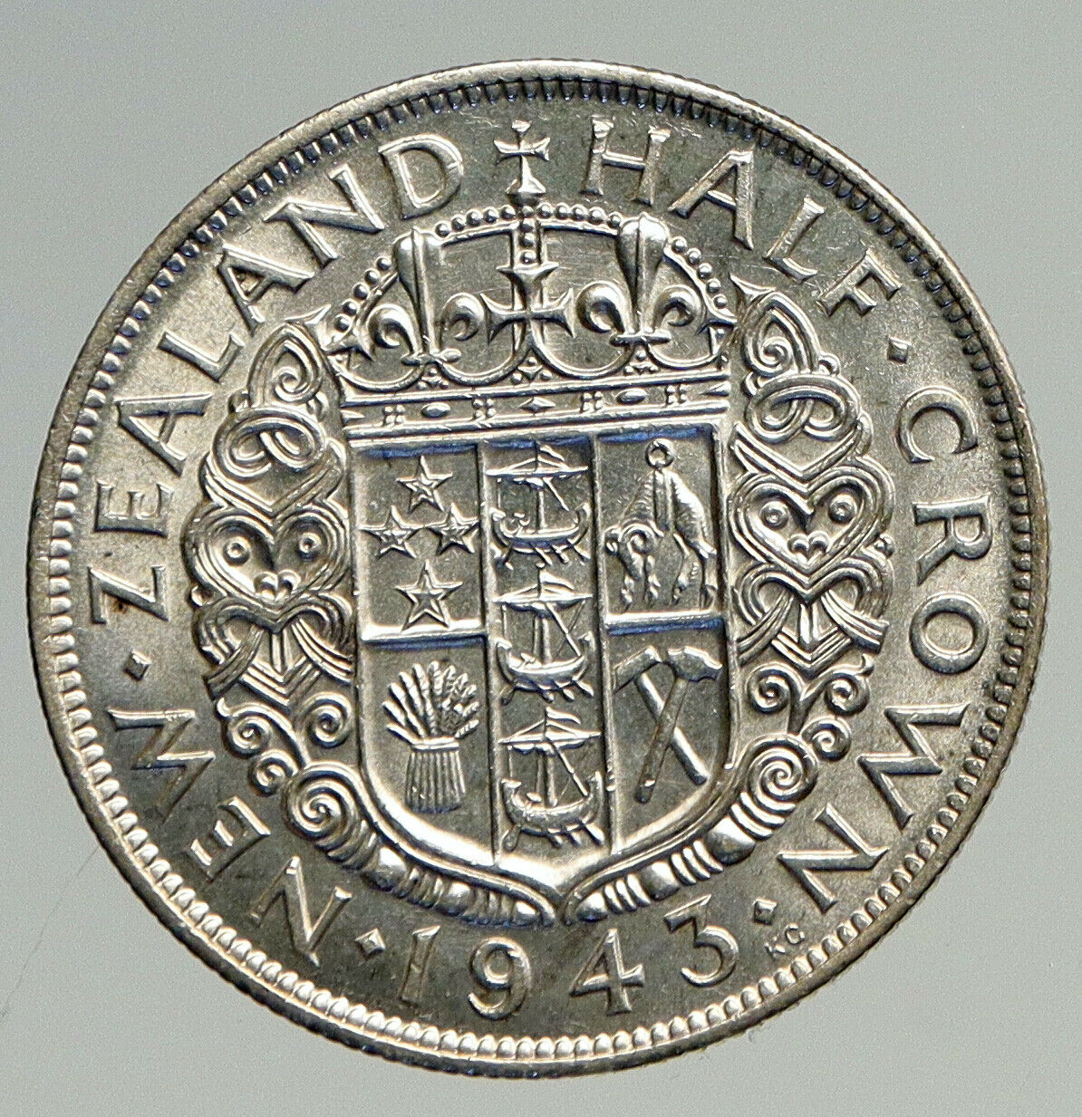 1943 NEW ZEALAND UK King George VI Shield Silver 1/2 Half Crown OLD Coin i94587