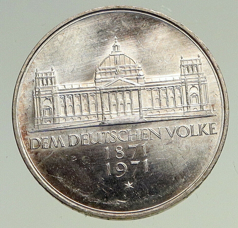 1971 GERMANY 1871 Reichstag Building in Berlin Proof Silver 5 Mark Coin i94501